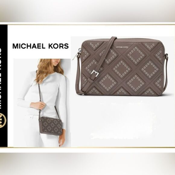Michael Kors genuine Diamond Grommet Crossbody Leather Bag CINDER Neutral - Picture 1 of 12